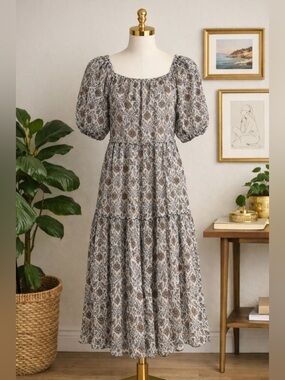 Lucy Paris Boho Floral Tiered Midi Dress NWT Puff Sleeve Cottagecore Prairie